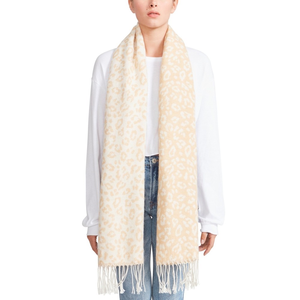 Steve Madden NWT Colorblocked Leopard Print Blanket Scarf Fringe Ivory Cream New